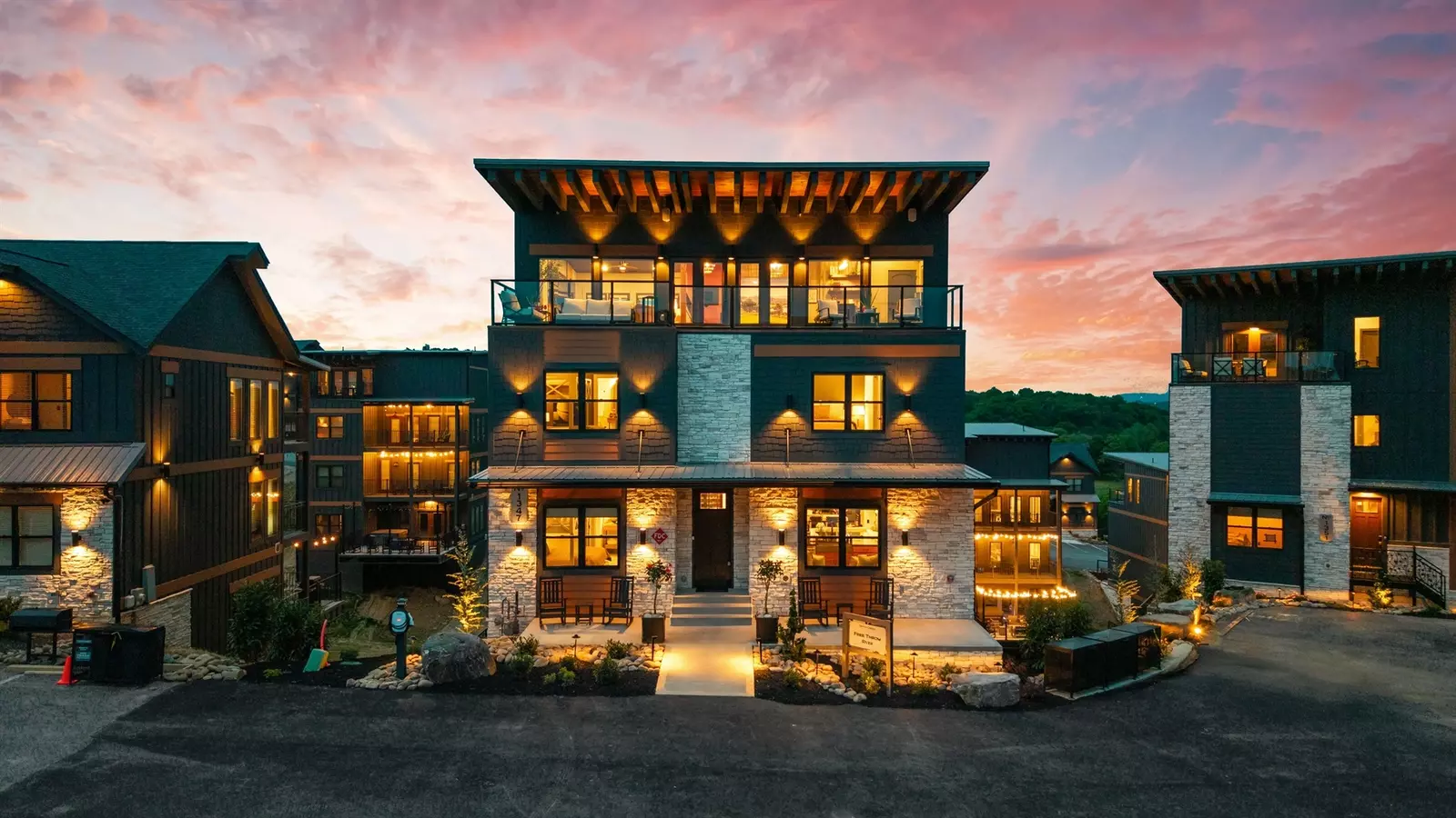 Luxury cabins at sunset in the Smoky Mountains